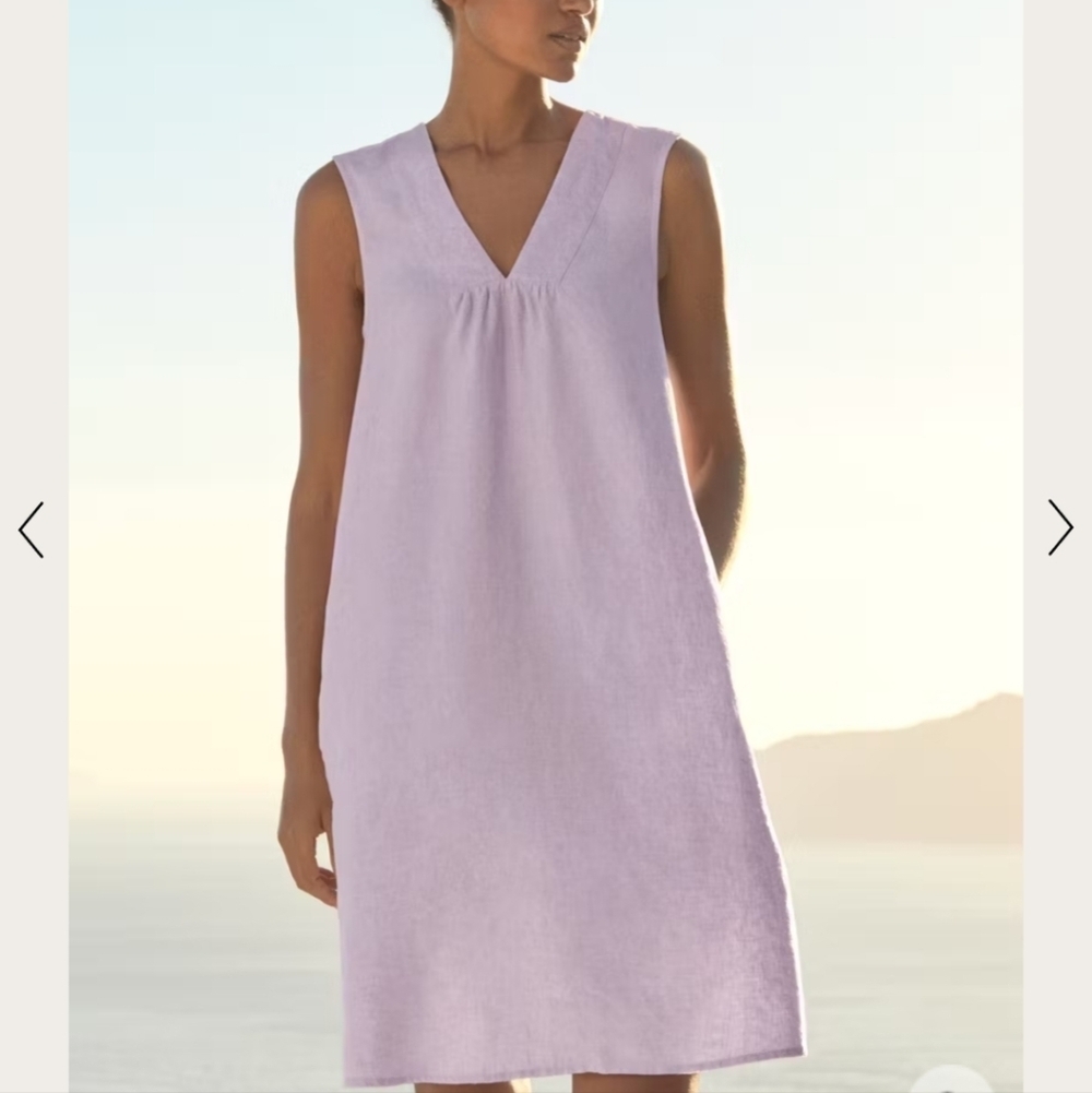 Poetry Minimalist A Shape Linen Lavender Sleeveless V-Neck Dress Sz 12 Pockets